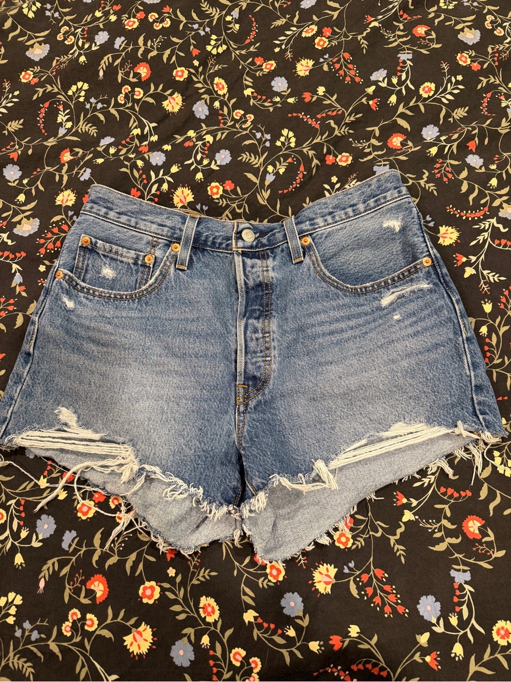 Levi's Medium Blue Distressed High-Rise Jean Shorts